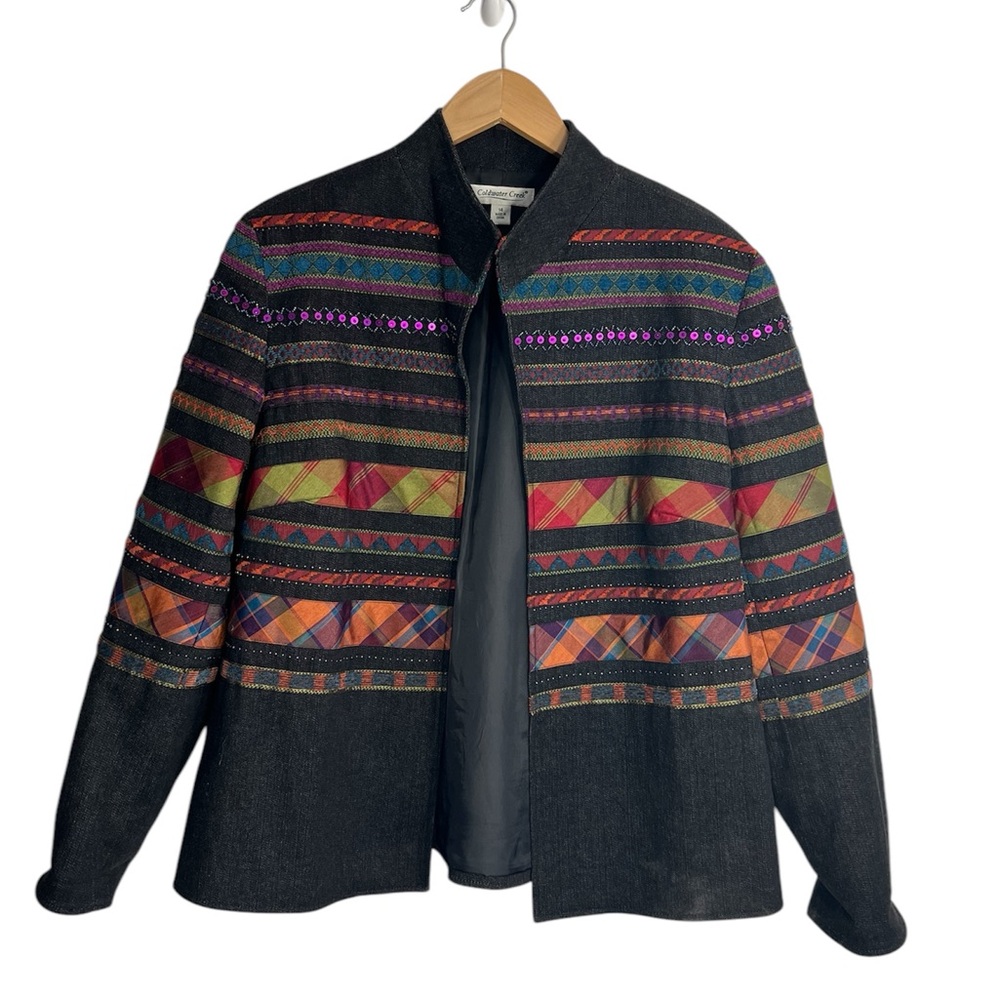 Coldwater Creek Womens Art Jacket Embellished Striped Beaded Black Denim Size 14